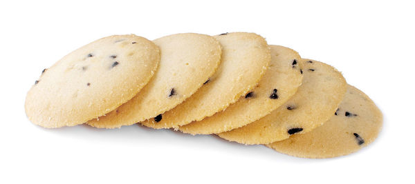 Close-up of cookies against white background