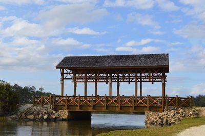 Bridge over river by building against sky