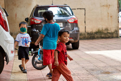 High angle view of children in car