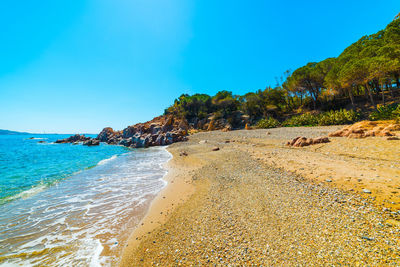 Scenic view of beach against clear blue sky