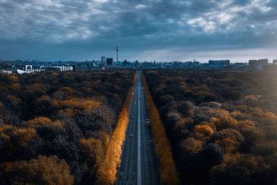 High angle view of buildings in city against sky