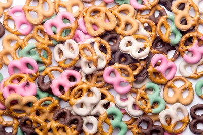 Full frame shot of colorful pretzels heap