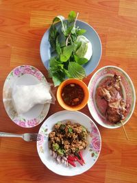 High angle view of meal served on table