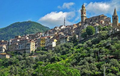 Panoramic view of trees and mountains against sky