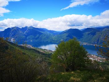 Scenic view of lake and mountains against sky