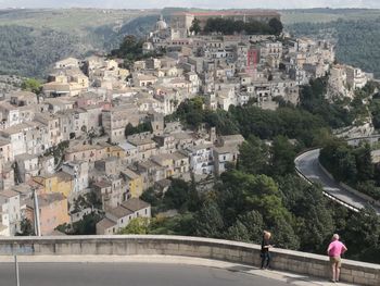 High angle view of buildings in city