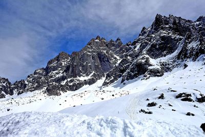 Scenic view of snow covered mountains against sky