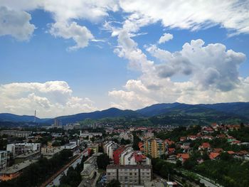 High angle shot of townscape against sky