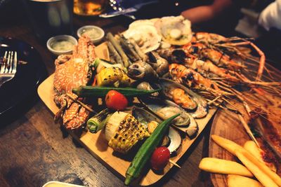 High angle view of seafood in plate on table