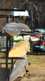 Close-up of vintage canoe on barge 