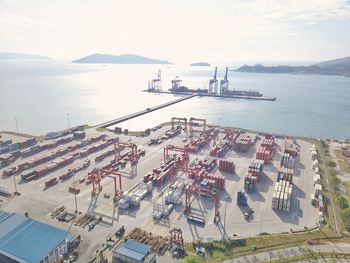 High angle view of commercial dock against sky