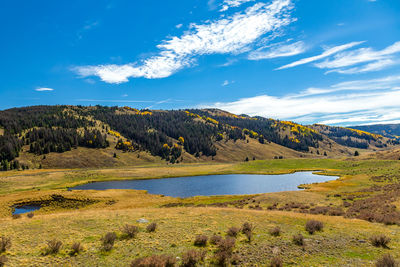 Scenic view of lake and mountains against sky