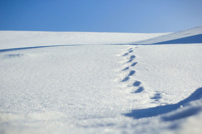 Scenic view of snow covered land against sky