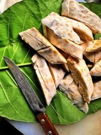 High angle view of leaves on table