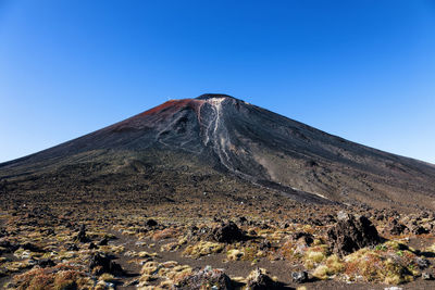 Low angle view of volcano against clear blue sky