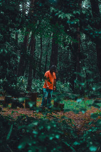 Man standing by trees in forest