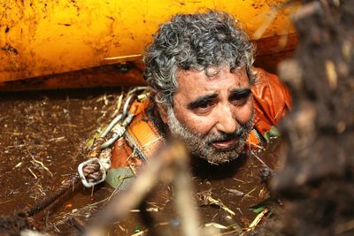 High angle view of man in swamp