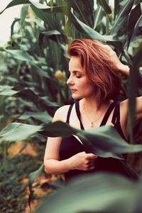 Red head woman in corn field