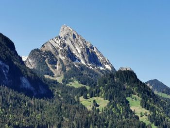 Scenic view of snowcapped mountains against clear sky