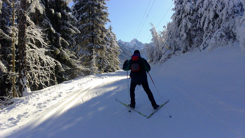 Rear view of man skiing on snowy field