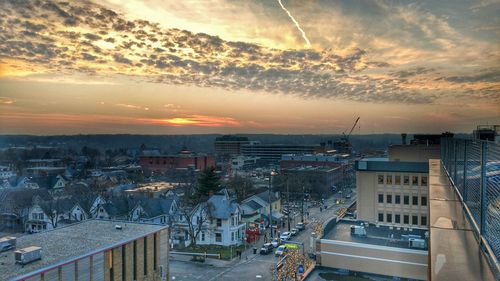 High angle view of townscape against sky at sunset
