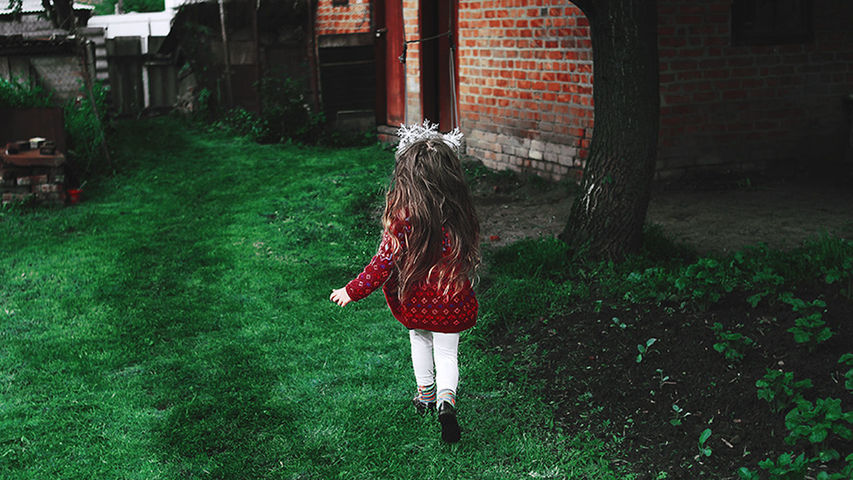 one person, green, plant, full length, architecture, women, built structure, grass, nature, screenshot, building exterior, day, red, rear view, lifestyles, casual clothing, leisure activity, child, clothing, standing, tree, hairstyle, long hair, walking, outdoors, front or back yard, childhood, lawn, female, adult, building, dress, brick, person, growth, backyard