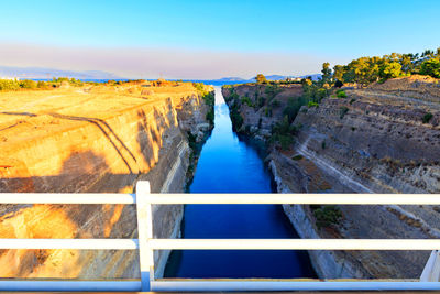 Aerial view of the corinth canal in greece, the shortest european canal 6.3 km long, 