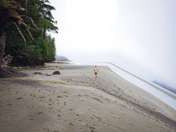 Rear view of man running at beach against sky