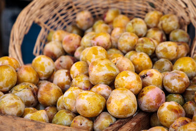 Close-up of fruits in basket for sale at market stall