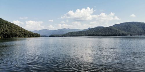 Scenic view of lake and mountains against sky