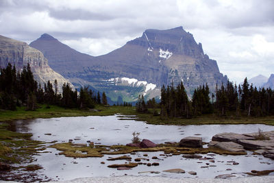 Scenic view of lake by mountains against sky