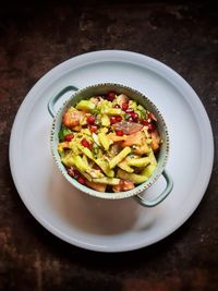 High angle view of salad in bowl on table