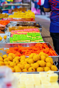 Indian assorted sweets or mithai for sale during deepavali or diwali festival at the market.