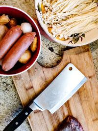 High angle view of chopped vegetables in bowl on table