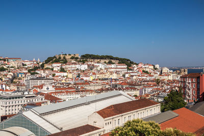 High angle view of townscape against clear blue sky