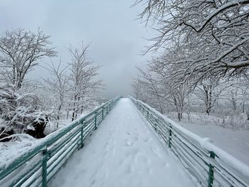Snow covered footbridge against sky