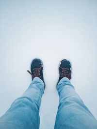 Low section of man standing on snowy land