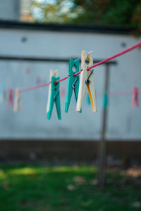 Close-up of clothespins hanging on rope