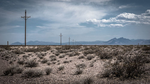 Scenic view of utility poles on a wide arid land