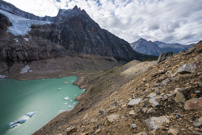 Scenic view of lake and mountains against sky