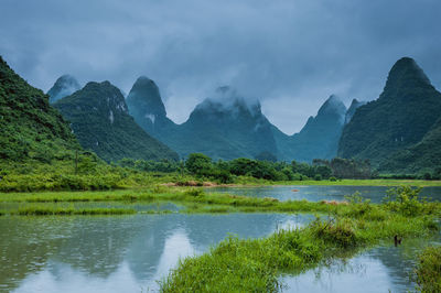 Scenic view of lake and mountains against sky