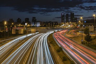 Madrid cityscape with road night lights trails. contepts.