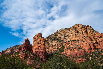 Low angle view of rocky mountain against sky