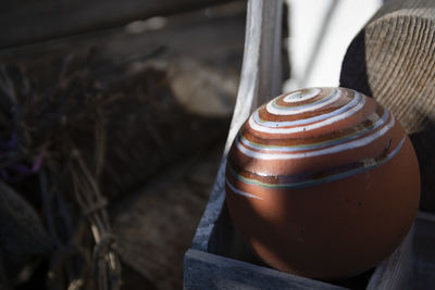 High angle view of a ceramic ball on table