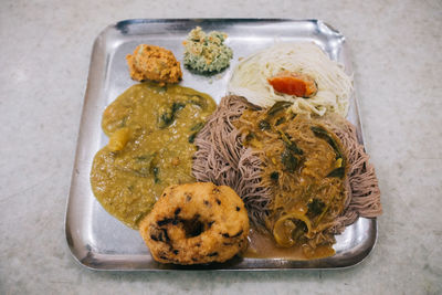 High angle view of food in plate