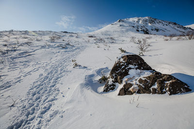 Scenic view of snowcapped mountains against sky