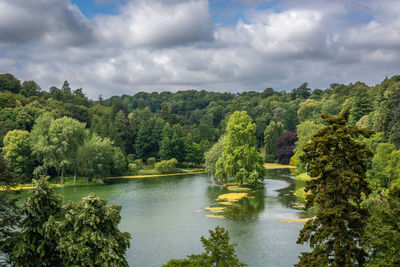 Scenic view of lake by trees against sky