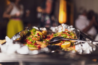 Close-up of food served on table