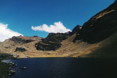 Scenic view of mountains against blue sky