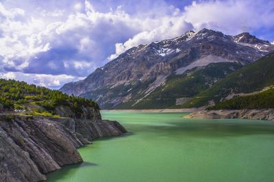 Scenic view of lake and mountains against sky